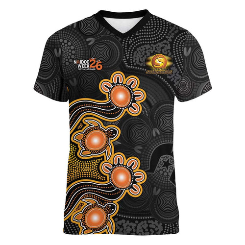 Personalised Perth Scorchers NAIDOC Week 2026 Women V-Neck T-Shirt Sea Turtles Aboriginal Art