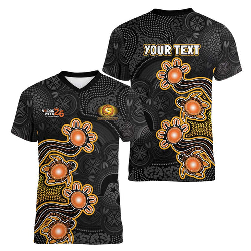 Personalised Perth Scorchers NAIDOC Week 2026 Women V-Neck T-Shirt Sea Turtles Aboriginal Art