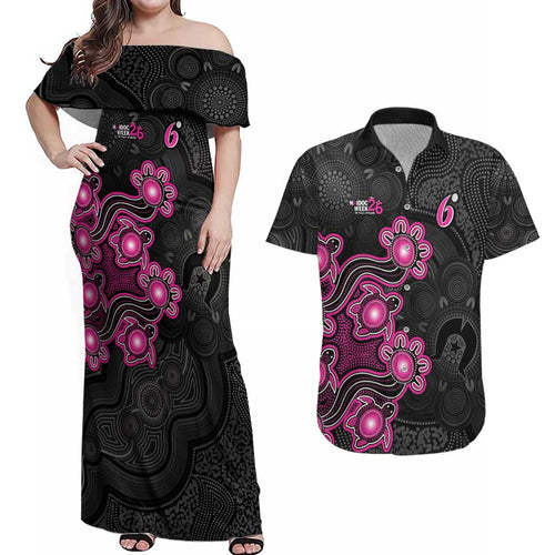 Personalised Sydney Sixers NAIDOC Week 2026 Couples Matching Off Shoulder Maxi Dress and Hawaiian Shirt Sea Turtles Aboriginal Art