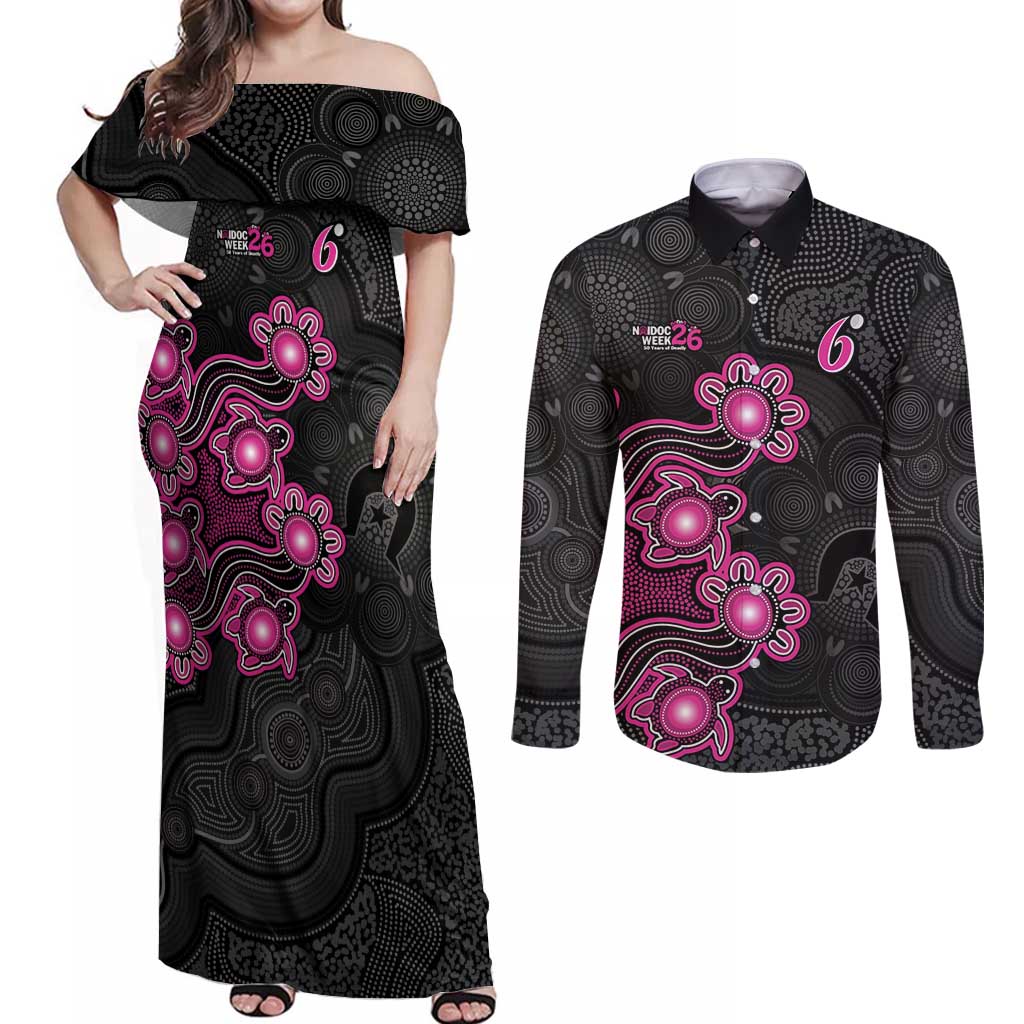 Personalised Sydney Sixers NAIDOC Week 2026 Couples Matching Off Shoulder Maxi Dress and Long Sleeve Button Shirt Sea Turtles Aboriginal Art