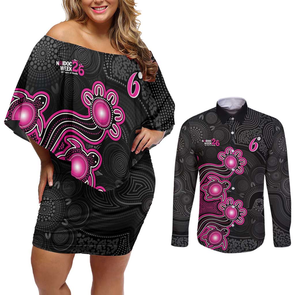 Personalised Sydney Sixers NAIDOC Week 2026 Couples Matching Off Shoulder Short Dress and Long Sleeve Button Shirt Sea Turtles Aboriginal Art