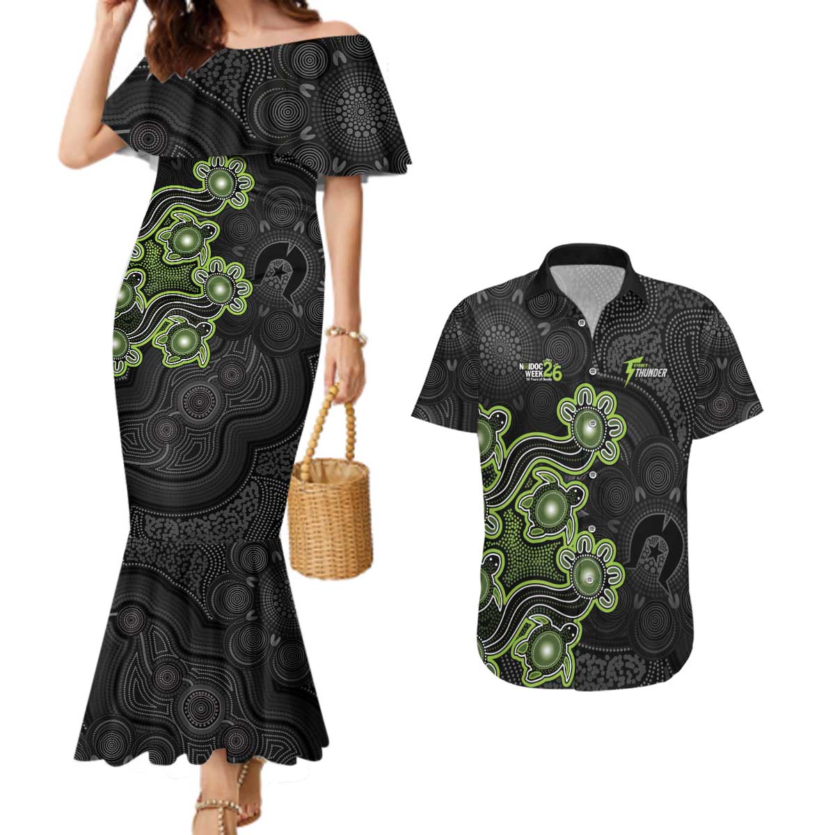 Personalised Sydney Thunder NAIDOC Week 2026 Couples Matching Mermaid Dress and Hawaiian Shirt Sea Turtles Aboriginal Art