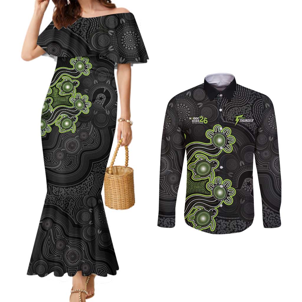 Personalised Sydney Thunder NAIDOC Week 2026 Couples Matching Mermaid Dress and Long Sleeve Button Shirt Sea Turtles Aboriginal Art