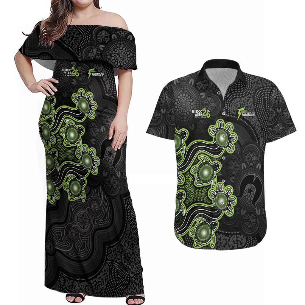 Personalised Sydney Thunder NAIDOC Week 2026 Couples Matching Off Shoulder Maxi Dress and Hawaiian Shirt Sea Turtles Aboriginal Art