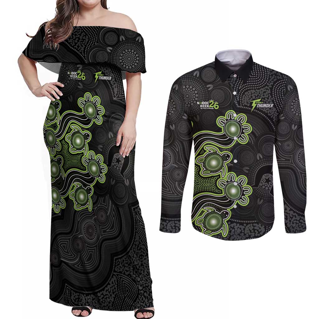 Personalised Sydney Thunder NAIDOC Week 2026 Couples Matching Off Shoulder Maxi Dress and Long Sleeve Button Shirt Sea Turtles Aboriginal Art