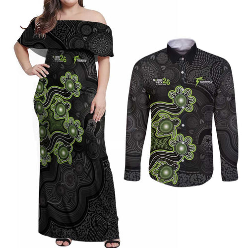 Personalised Sydney Thunder NAIDOC Week 2026 Couples Matching Off Shoulder Maxi Dress and Long Sleeve Button Shirt Sea Turtles Aboriginal Art