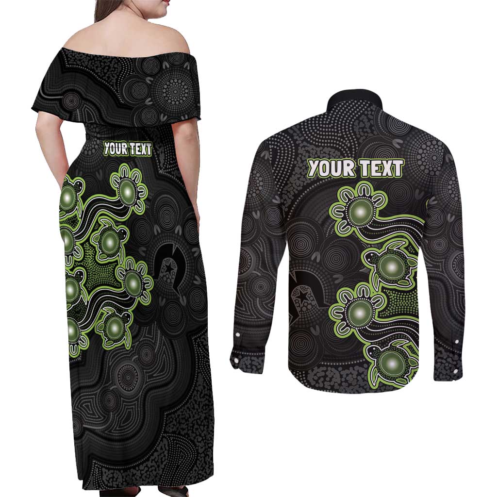 Personalised Sydney Thunder NAIDOC Week 2026 Couples Matching Off Shoulder Maxi Dress and Long Sleeve Button Shirt Sea Turtles Aboriginal Art