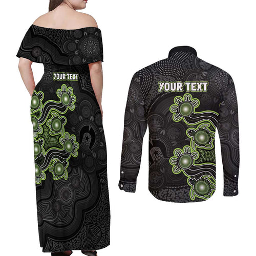 Personalised Sydney Thunder NAIDOC Week 2026 Couples Matching Off Shoulder Maxi Dress and Long Sleeve Button Shirt Sea Turtles Aboriginal Art