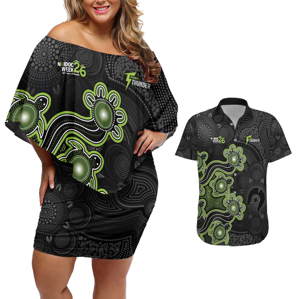 Personalised Sydney Thunder NAIDOC Week 2026 Couples Matching Off Shoulder Short Dress and Hawaiian Shirt Sea Turtles Aboriginal Art