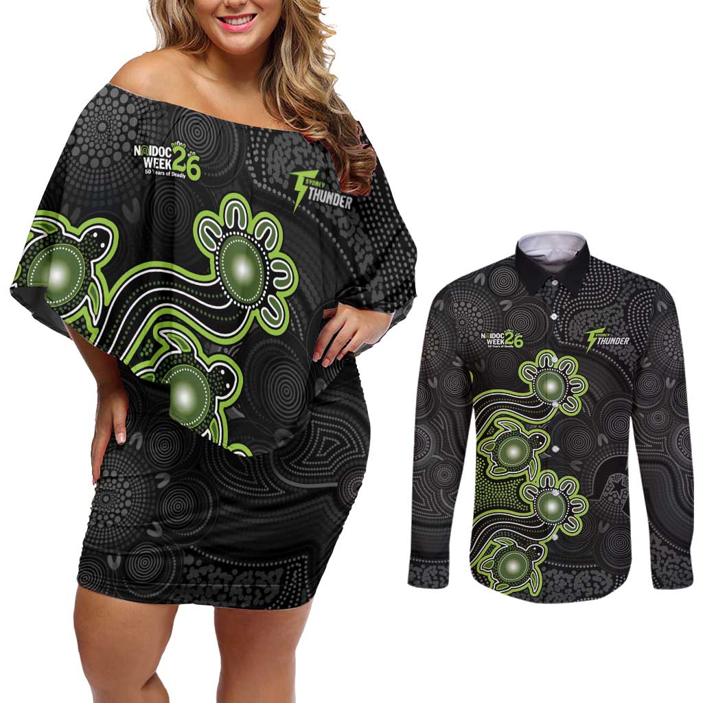 Personalised Sydney Thunder NAIDOC Week 2026 Couples Matching Off Shoulder Short Dress and Long Sleeve Button Shirt Sea Turtles Aboriginal Art