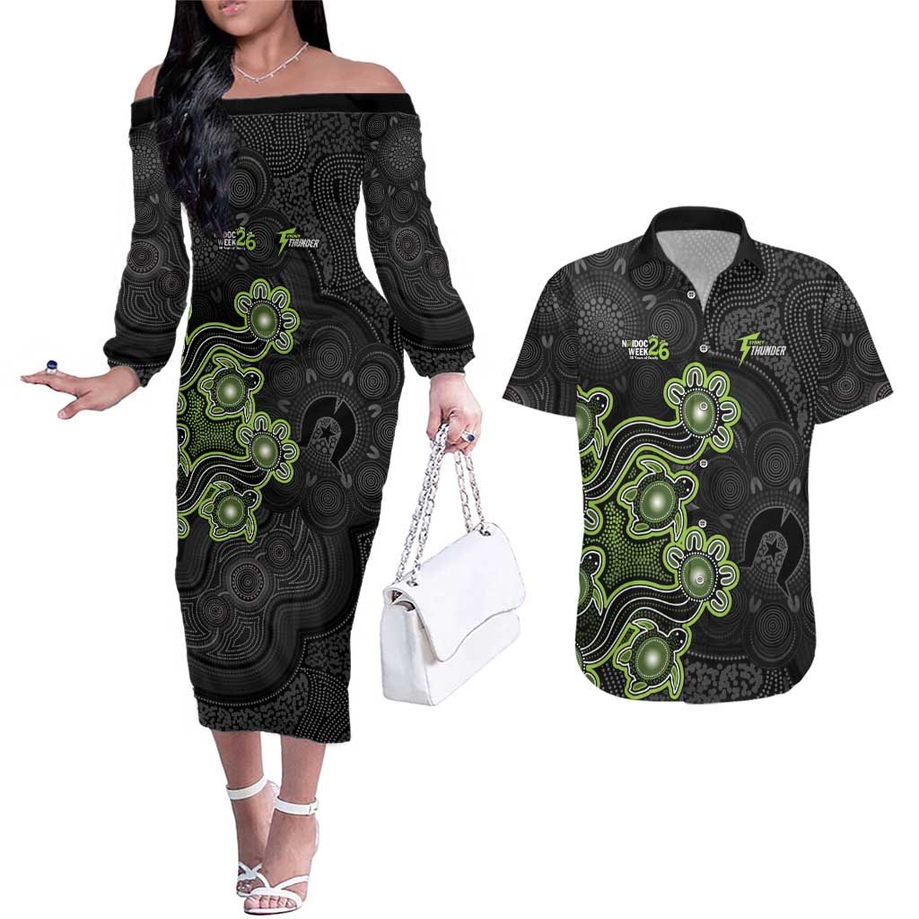 Personalised Sydney Thunder NAIDOC Week 2026 Couples Matching Off The Shoulder Long Sleeve Dress and Hawaiian Shirt Sea Turtles Aboriginal Art