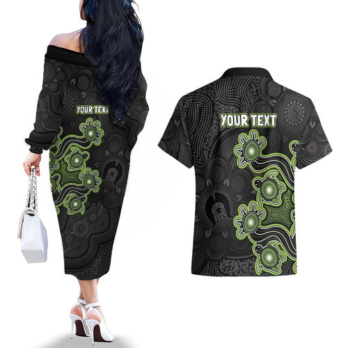 Personalised Sydney Thunder NAIDOC Week 2026 Couples Matching Off The Shoulder Long Sleeve Dress and Hawaiian Shirt Sea Turtles Aboriginal Art