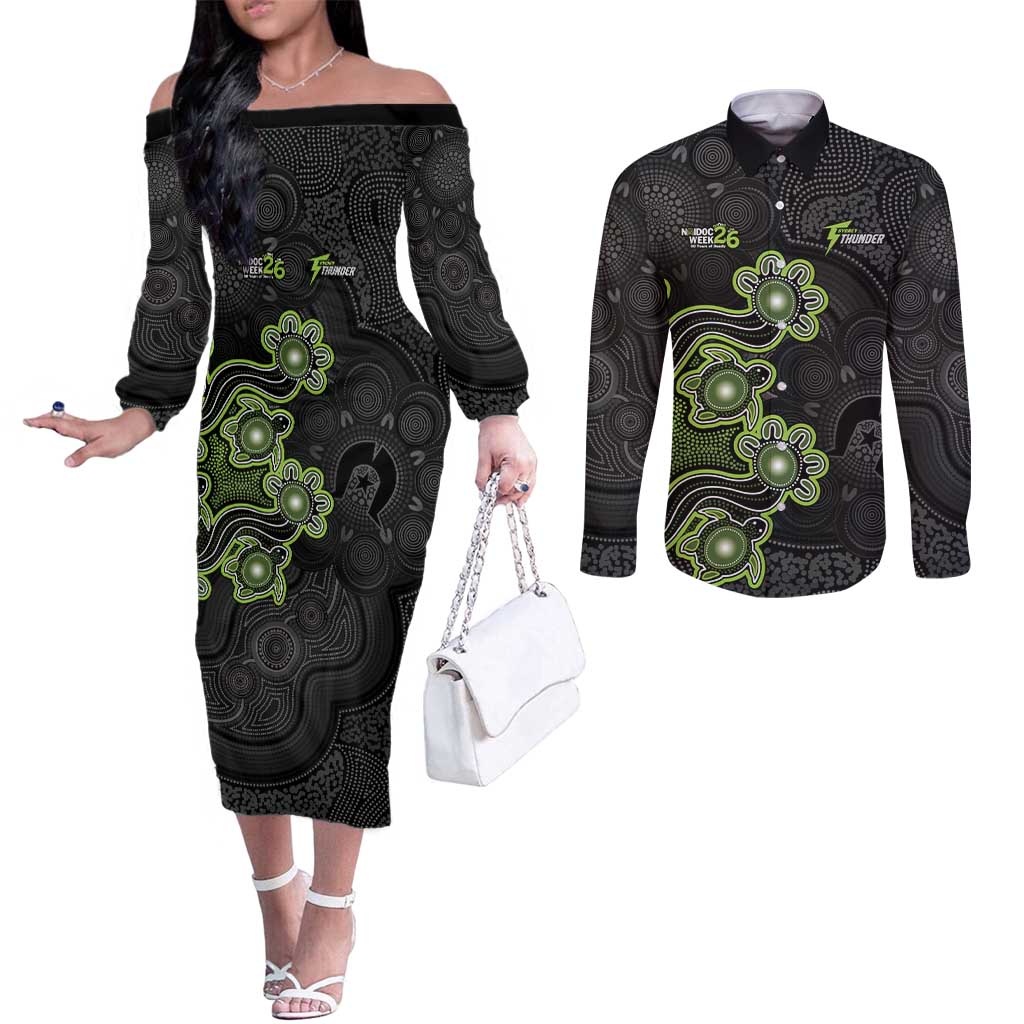 Personalised Sydney Thunder NAIDOC Week 2026 Couples Matching Off The Shoulder Long Sleeve Dress and Long Sleeve Button Shirt Sea Turtles Aboriginal Art