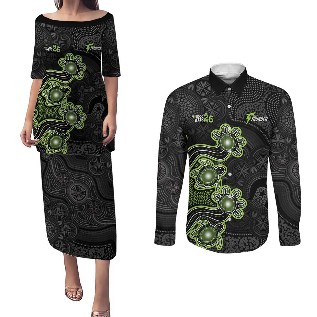 Personalised Sydney Thunder NAIDOC Week 2026 Couples Matching Puletasi and Long Sleeve Button Shirt Sea Turtles Aboriginal Art