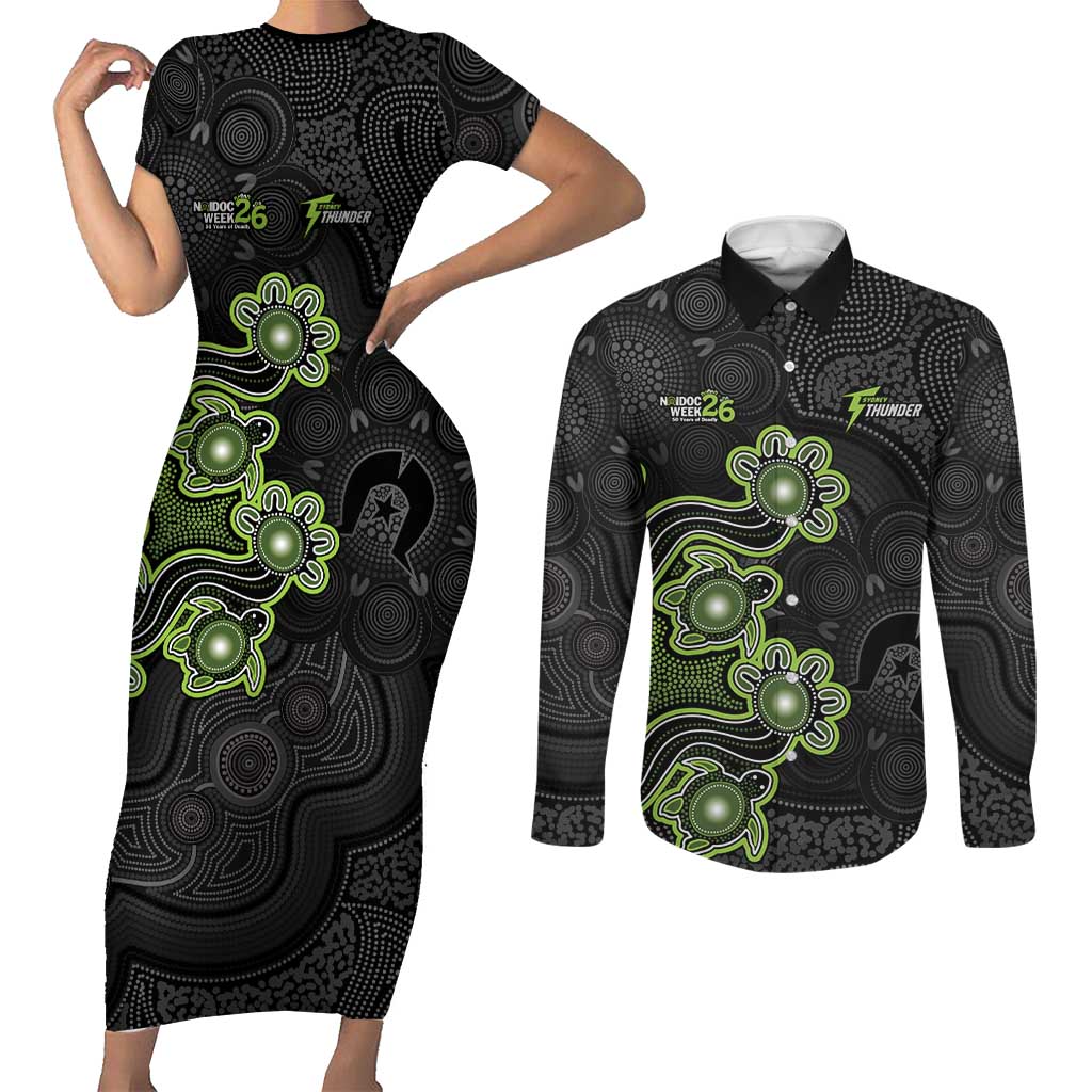 Personalised Sydney Thunder NAIDOC Week 2026 Couples Matching Short Sleeve Bodycon Dress and Long Sleeve Button Shirt Sea Turtles Aboriginal Art