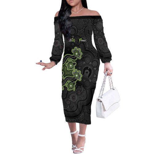 Personalised Sydney Thunder NAIDOC Week 2026 Family Matching Off The Shoulder Long Sleeve Dress and Hawaiian Shirt Sea Turtles Aboriginal Art