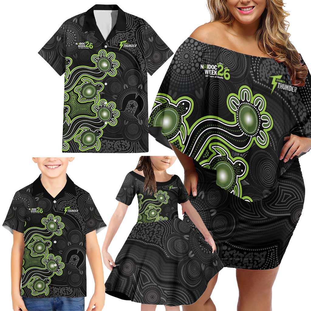 Personalised Sydney Thunder NAIDOC Week 2026 Family Matching Off Shoulder Short Dress and Hawaiian Shirt Sea Turtles Aboriginal Art