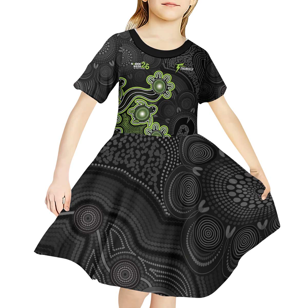 Personalised Sydney Thunder NAIDOC Week 2026 Kid Short Sleeve Dress Sea Turtles Aboriginal Art