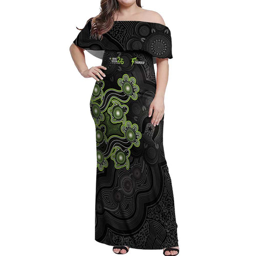 Personalised Sydney Thunder NAIDOC Week 2026 Off Shoulder Maxi Dress Sea Turtles Aboriginal Art