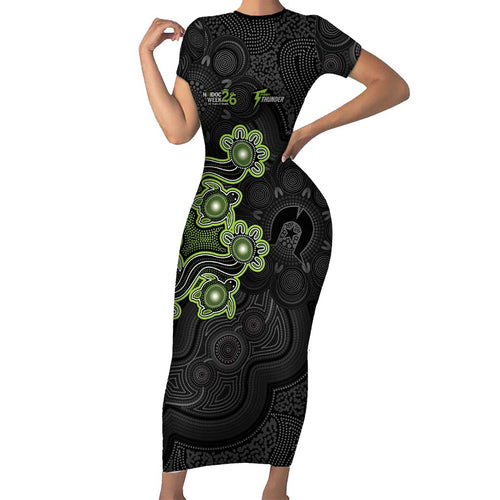 Personalised Sydney Thunder NAIDOC Week 2026 Short Sleeve Bodycon Dress Sea Turtles Aboriginal Art