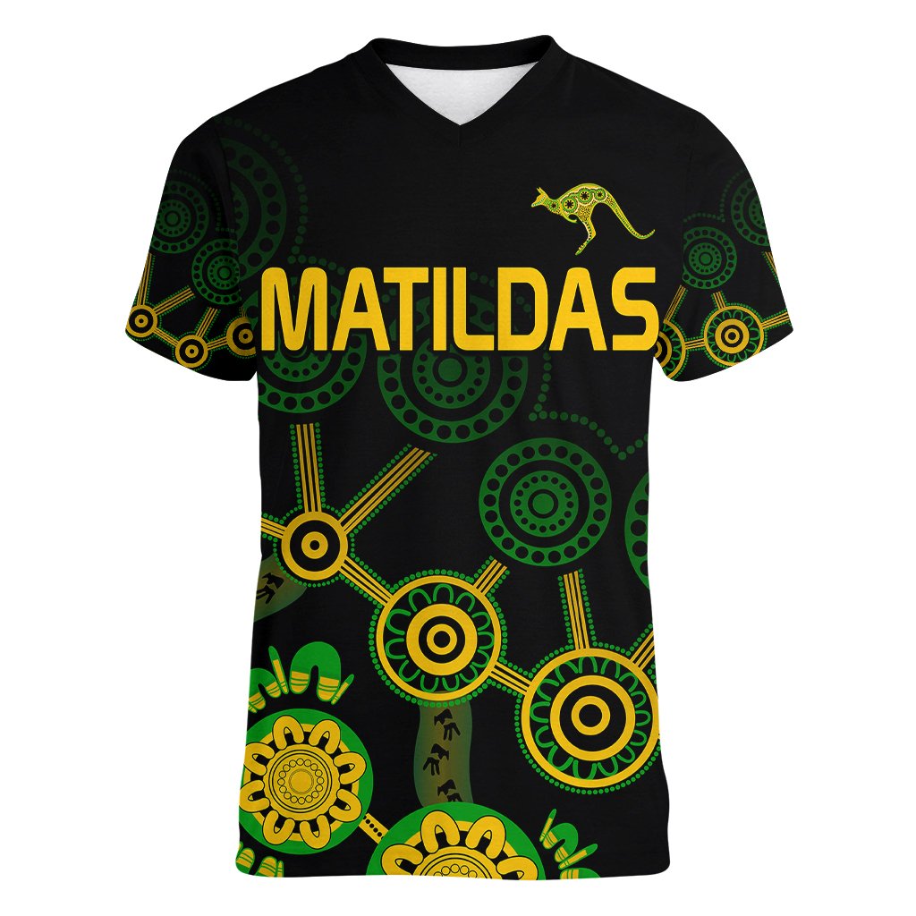 custom-text-and-number-australia-soccer-women-v-neck-t-shirt-matildas-world-cup-with-kangaroo