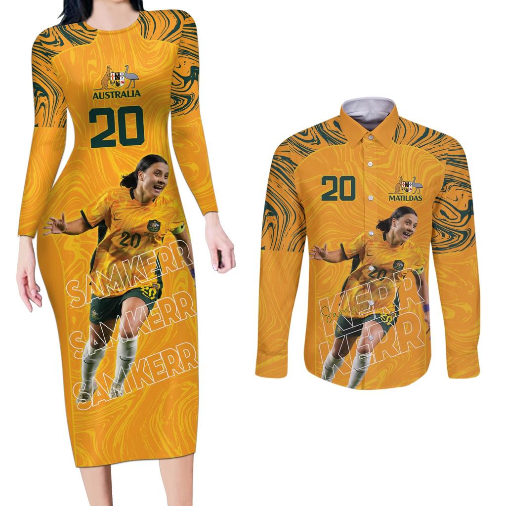 Sam Kerr Australia Matildas Couples Matching Long Sleeve Bodycon Dress and Long Sleeve Button Shirt
