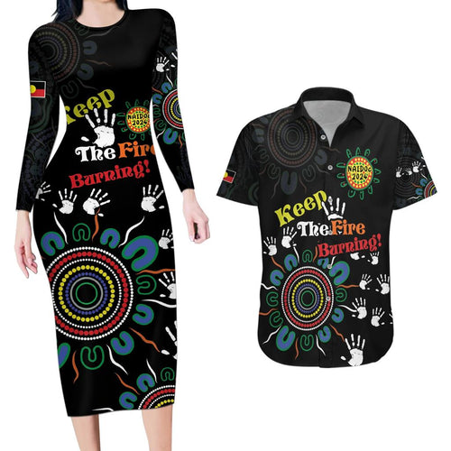 NAIDOC 2024 Indigenous Aboriginal Couples Matching Long Sleeve Bodycon Dress and Hawaiian Shirt The Fire Burns Forever