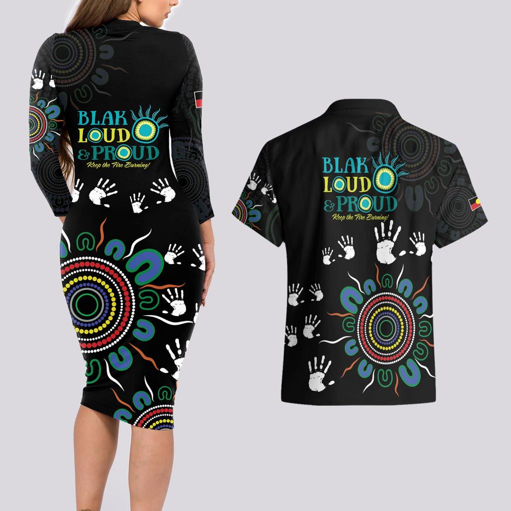 NAIDOC 2024 Indigenous Aboriginal Couples Matching Long Sleeve Bodycon Dress and Hawaiian Shirt The Fire Burns Forever