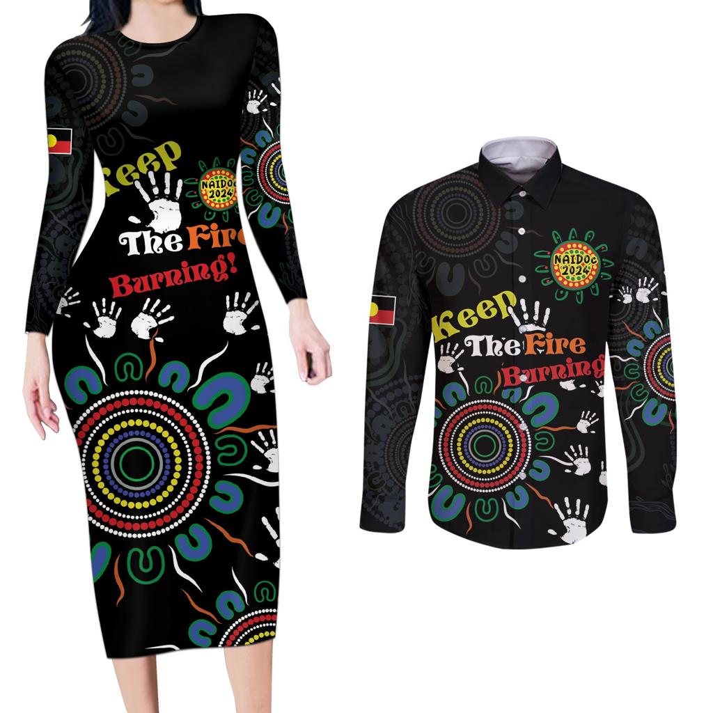 NAIDOC 2024 Indigenous Aboriginal Couples Matching Long Sleeve Bodycon Dress and Long Sleeve Button Shirt The Fire Burns Forever