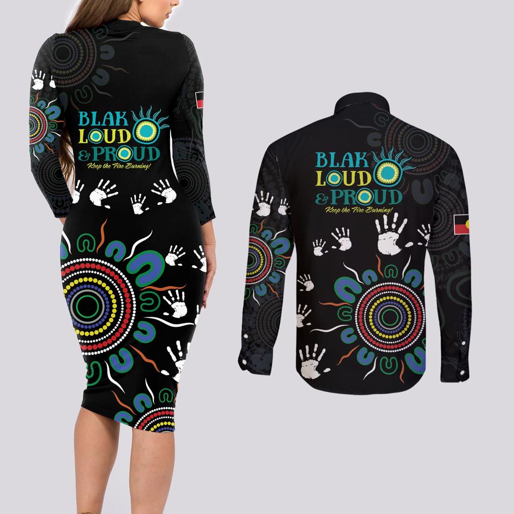 NAIDOC 2024 Indigenous Aboriginal Couples Matching Long Sleeve Bodycon Dress and Long Sleeve Button Shirt The Fire Burns Forever