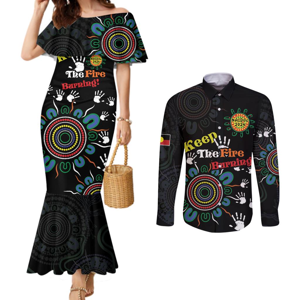 NAIDOC 2024 Indigenous Aboriginal Couples Matching Mermaid Dress and Long Sleeve Button Shirt The Fire Burns Forever