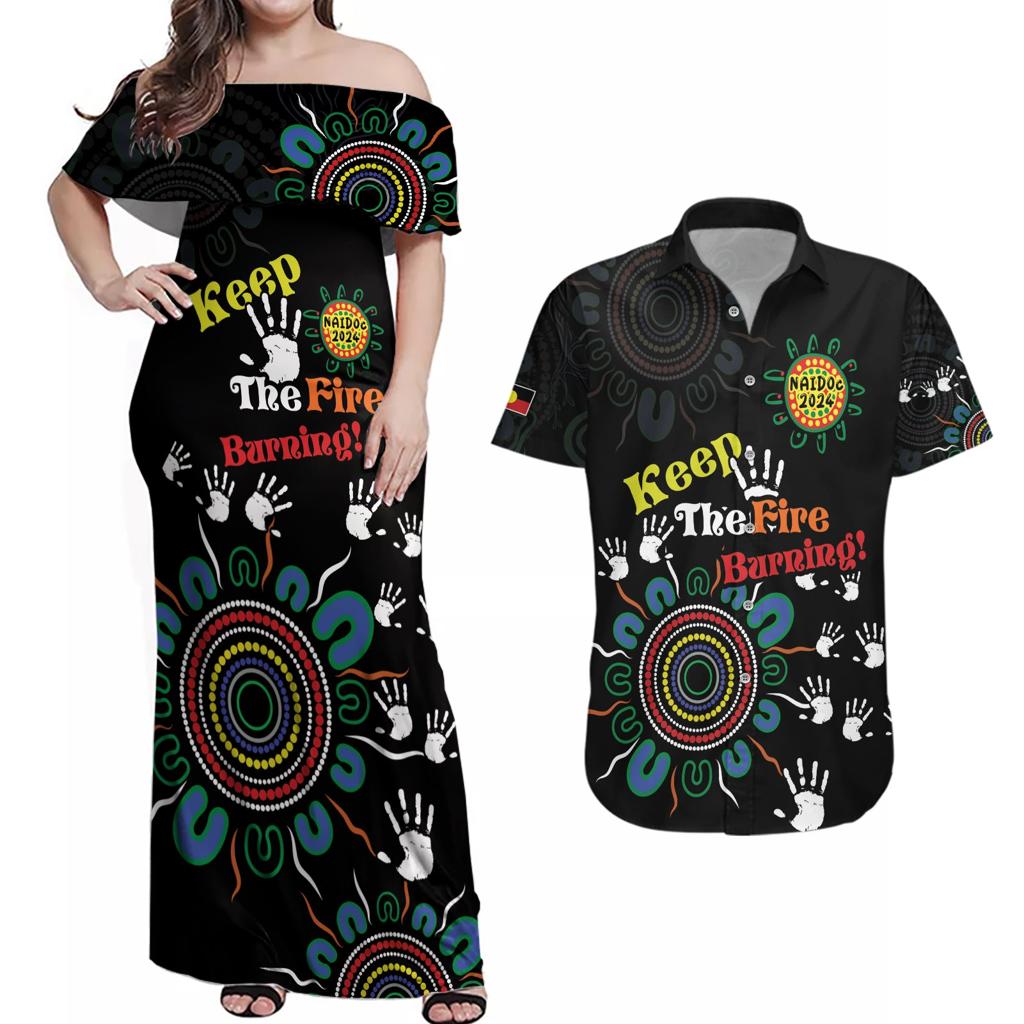 NAIDOC 2024 Indigenous Aboriginal Couples Matching Off Shoulder Maxi Dress and Hawaiian Shirt The Fire Burns Forever