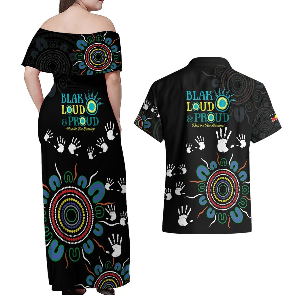 NAIDOC 2024 Indigenous Aboriginal Couples Matching Off Shoulder Maxi Dress and Hawaiian Shirt The Fire Burns Forever