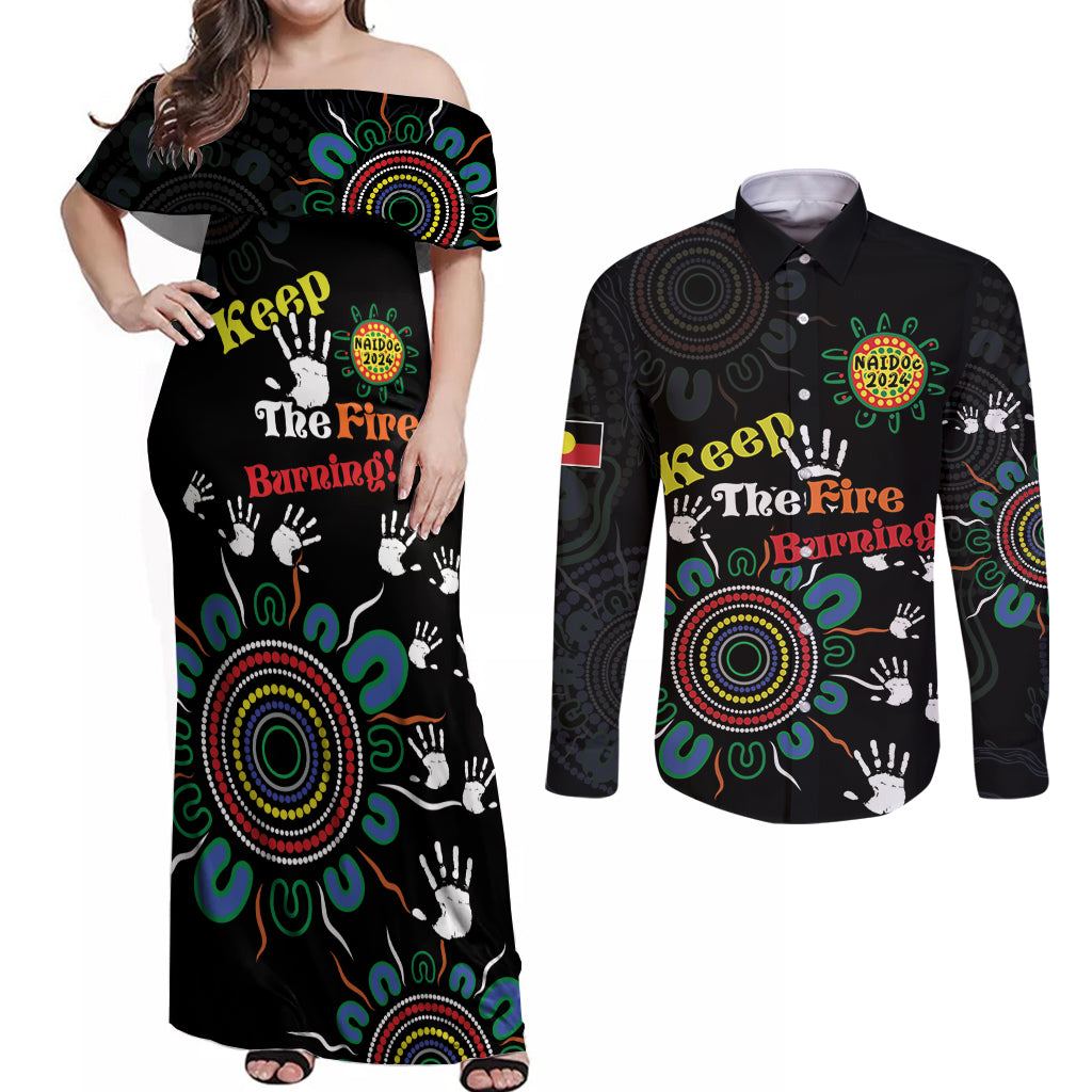 NAIDOC 2024 Indigenous Aboriginal Couples Matching Off Shoulder Maxi Dress and Long Sleeve Button Shirt The Fire Burns Forever