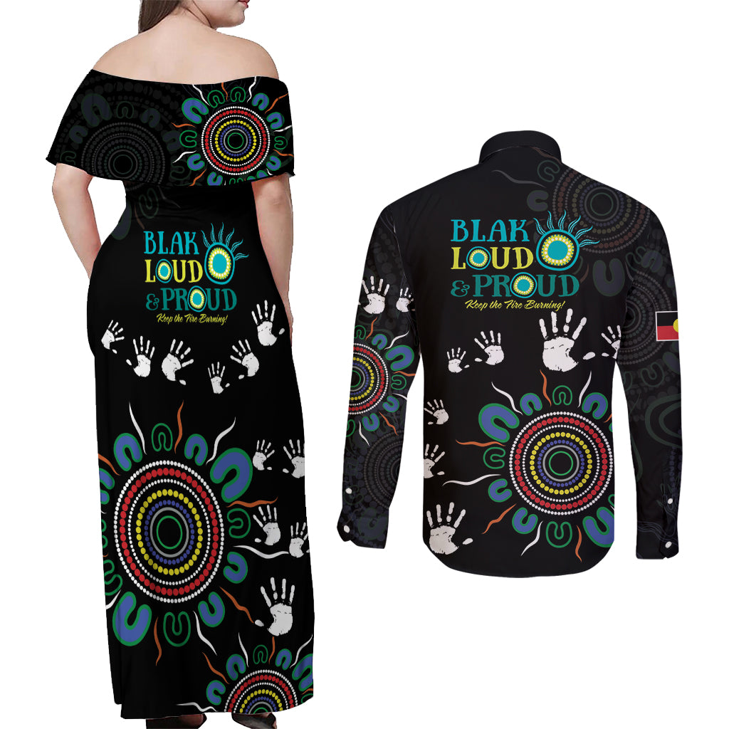 NAIDOC 2024 Indigenous Aboriginal Couples Matching Off Shoulder Maxi Dress and Long Sleeve Button Shirt The Fire Burns Forever