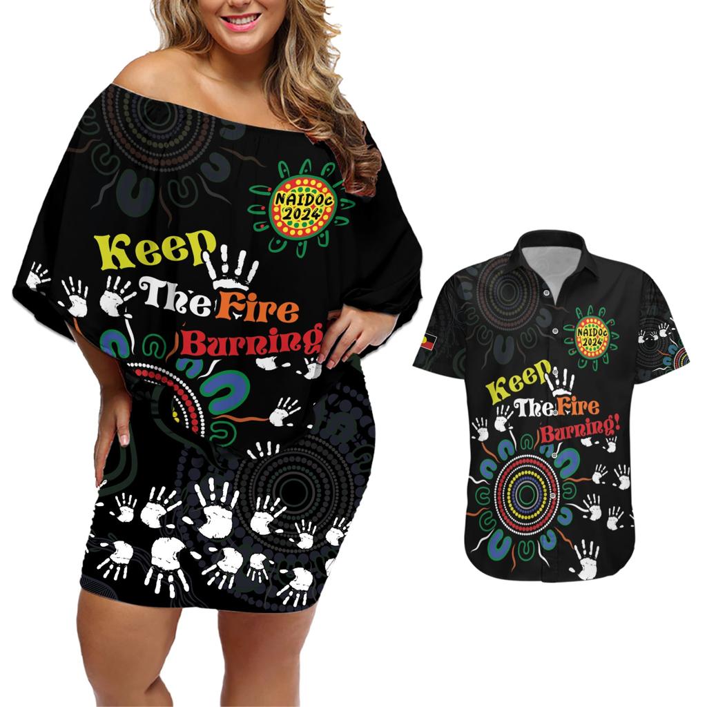 NAIDOC 2024 Indigenous Aboriginal Couples Matching Off Shoulder Short Dress and Hawaiian Shirt The Fire Burns Forever