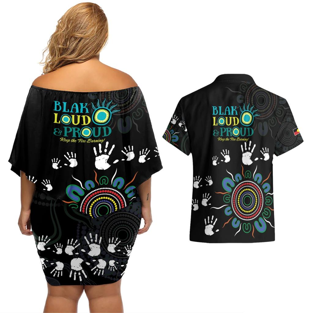 NAIDOC 2024 Indigenous Aboriginal Couples Matching Off Shoulder Short Dress and Hawaiian Shirt The Fire Burns Forever