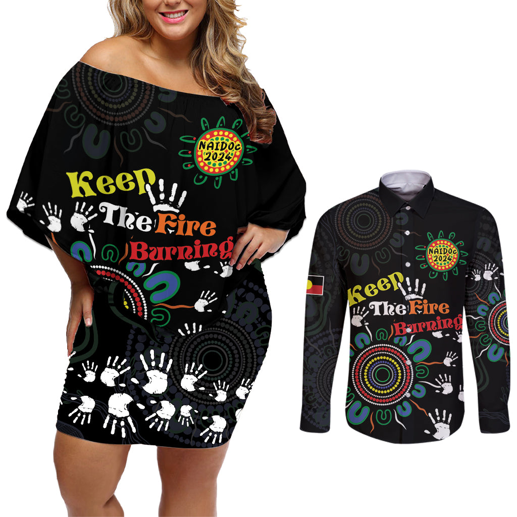 NAIDOC 2024 Indigenous Aboriginal Couples Matching Off Shoulder Short Dress and Long Sleeve Button Shirt The Fire Burns Forever