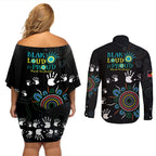 NAIDOC 2024 Indigenous Aboriginal Couples Matching Off Shoulder Short Dress and Long Sleeve Button Shirt The Fire Burns Forever