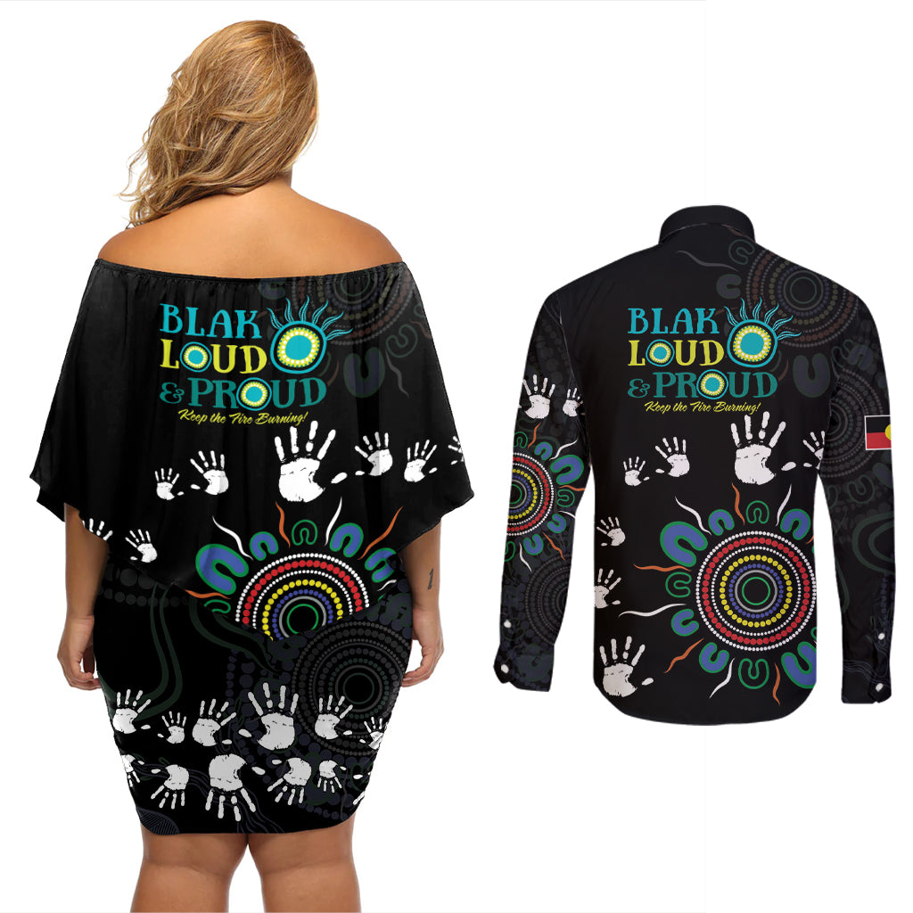 NAIDOC 2024 Indigenous Aboriginal Couples Matching Off Shoulder Short Dress and Long Sleeve Button Shirt The Fire Burns Forever