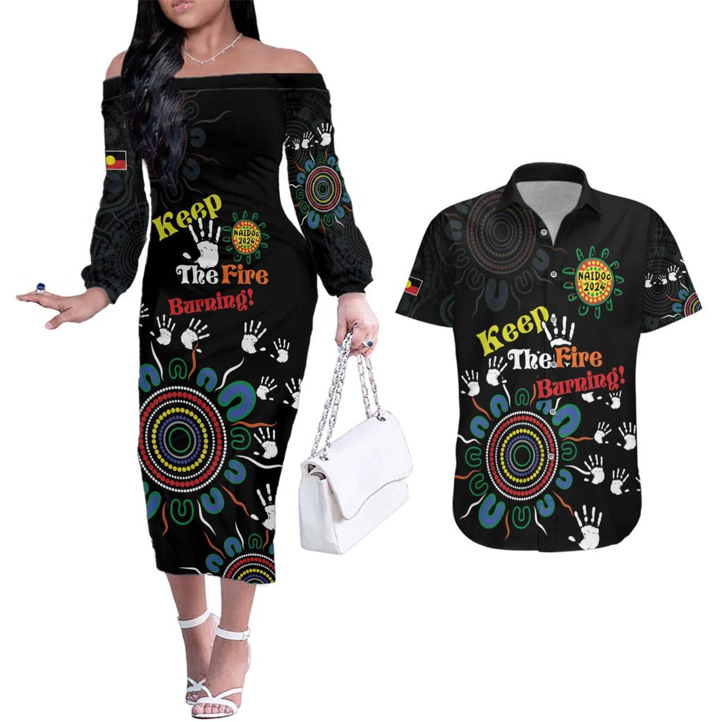 NAIDOC 2024 Indigenous Aboriginal Couples Matching Off The Shoulder Long Sleeve Dress and Hawaiian Shirt The Fire Burns Forever