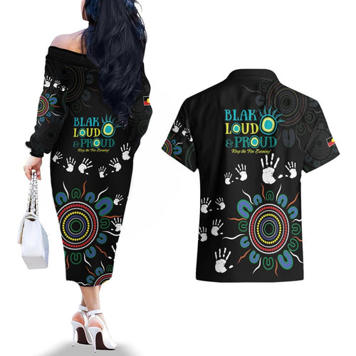 NAIDOC 2024 Indigenous Aboriginal Couples Matching Off The Shoulder Long Sleeve Dress and Hawaiian Shirt The Fire Burns Forever