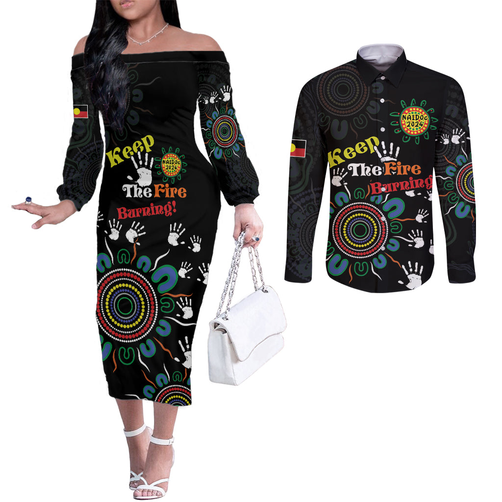 NAIDOC 2024 Indigenous Aboriginal Couples Matching Off The Shoulder Long Sleeve Dress and Long Sleeve Button Shirt The Fire Burns Forever