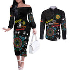NAIDOC 2024 Indigenous Aboriginal Couples Matching Off The Shoulder Long Sleeve Dress and Long Sleeve Button Shirt The Fire Burns Forever