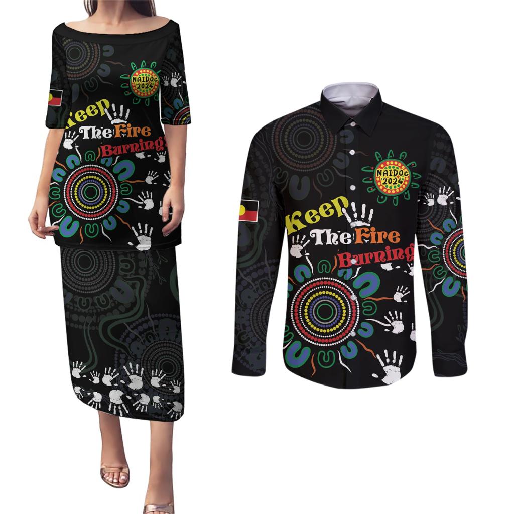 NAIDOC 2024 Indigenous Aboriginal Couples Matching Puletasi and Long Sleeve Button Shirt The Fire Burns Forever