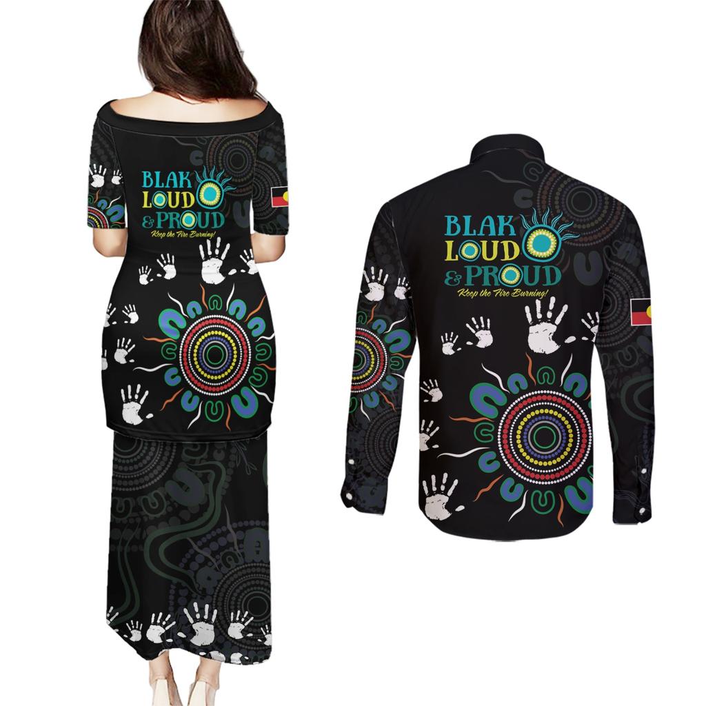 NAIDOC 2024 Indigenous Aboriginal Couples Matching Puletasi and Long Sleeve Button Shirt The Fire Burns Forever