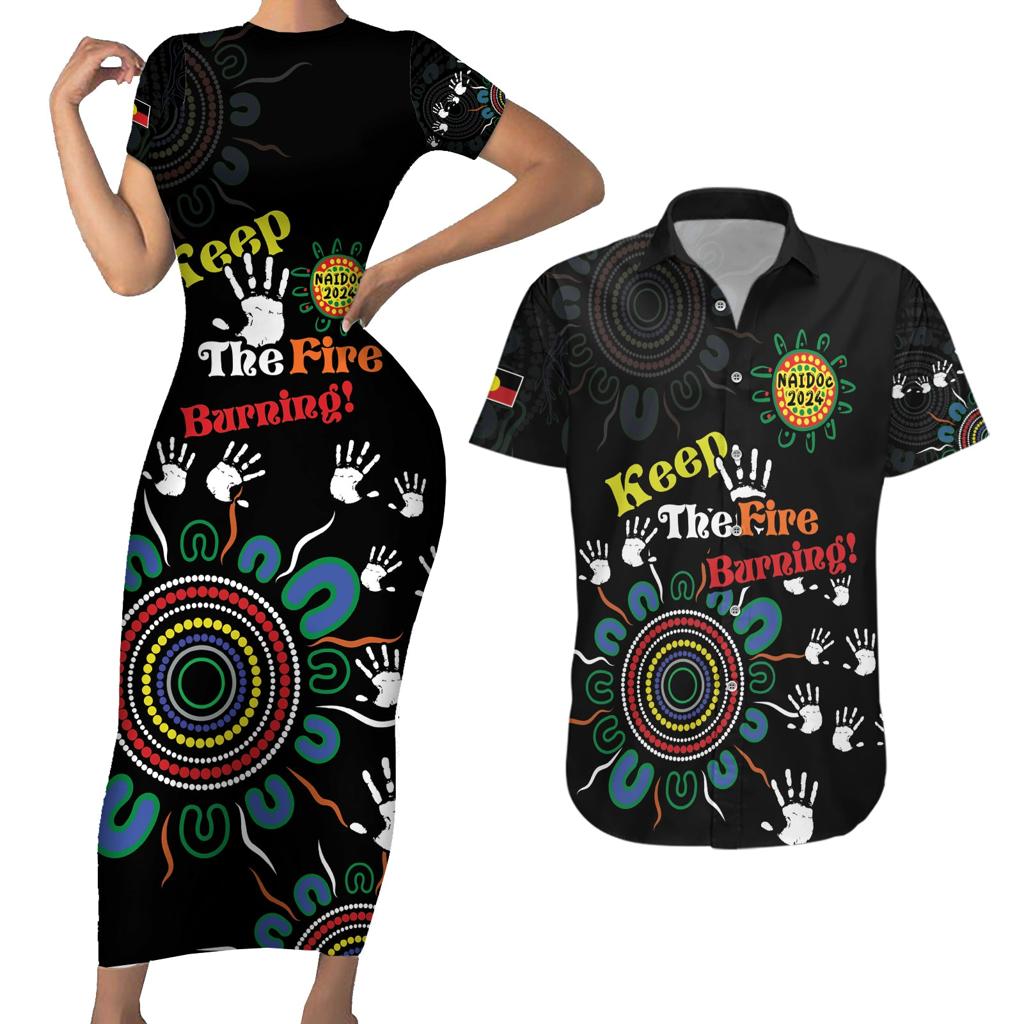 NAIDOC 2024 Indigenous Aboriginal Couples Matching Short Sleeve Bodycon Dress and Hawaiian Shirt The Fire Burns Forever