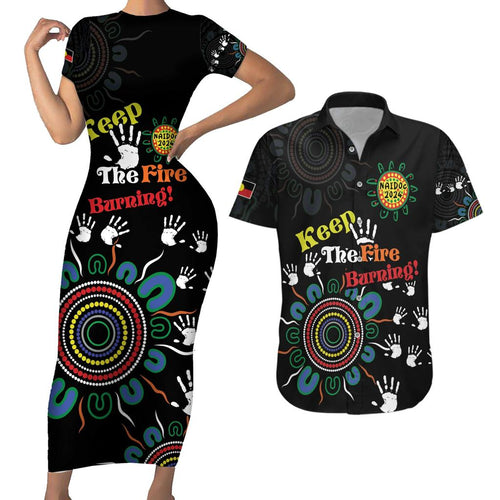 NAIDOC 2024 Indigenous Aboriginal Couples Matching Short Sleeve Bodycon Dress and Hawaiian Shirt The Fire Burns Forever