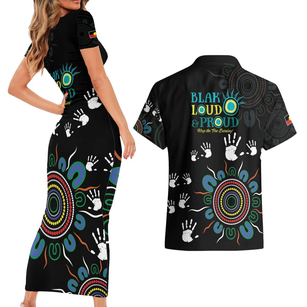 NAIDOC 2024 Indigenous Aboriginal Couples Matching Short Sleeve Bodycon Dress and Hawaiian Shirt The Fire Burns Forever