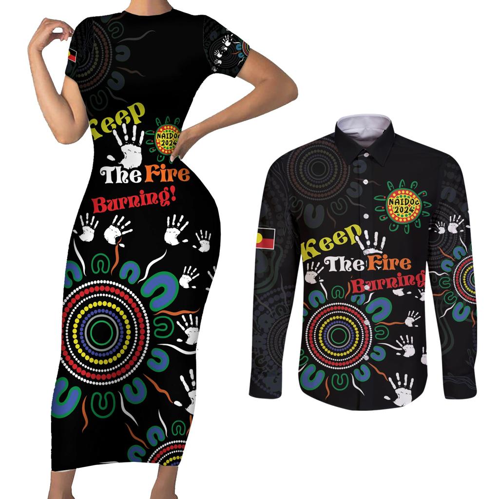 NAIDOC 2024 Indigenous Aboriginal Couples Matching Short Sleeve Bodycon Dress and Long Sleeve Button Shirt The Fire Burns Forever